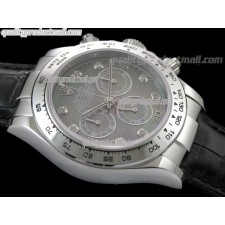 Rolex Daytona Swiss Chronograh-Black MOP Dial, Silver Ring Subdials-Genuine Black Leather Strap