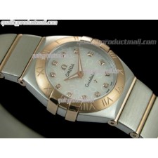 Omega Constellation Ladies Perlmutt Swiss Quartz-18k Rose Gold White Dial-Stainless Steel TT Linked Strap