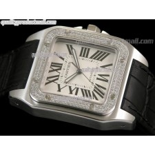 Cartier Santos 100th Anniversary Automatic Watch-White Dial Diamond Bezel-Black Leather Strap