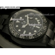 Rolex GMT II Pro Hunter Swiss Automatic Watch-Black Dial White Dots Sticks Markers-Black PVD Coated Oyster Stainless Steel Bracelet