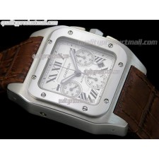 Cartier Santos 100 Chronograph-White Dial Semi Sunken Subdials-Brown Leather Strap