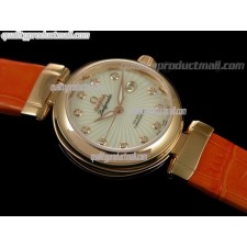 Omega Deville Ladymatic 18k Rose Gold Swiss Automatic Watch-White Coral Design Dial-Orange Leather strap