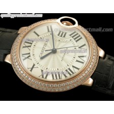 Cartier Blue Ballon Ladies Swiss Watch 18k Rose Gold-White Dial Diamond Crested Bezel-Black Leather Strap
