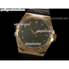 Omega Constellation Midsize 18k Rose Gold Swiss Quartz-Fan Shell Design Brown Dial-Black Leather Strap