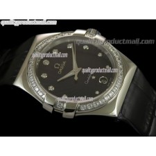 Omega Constellation Midsize Diamond-Fan Shell Design Magenta Dial-Black Leather Strap