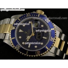 Rolex Submariner Automatic Swiss Watch 18k Gold-Blue Dial-Stainless Steel New Style Brushed Oyster Bracelet