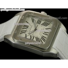 Cartier Santos 100th Anniversary Automatic Watch-White Arch Profile Dial-White Leather Strap