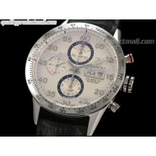 Tag Heuer Carrera Calibre 16 Day Date Automatic Chronograph-White Dial Blue Ring Subdials-Black Leather Strap 