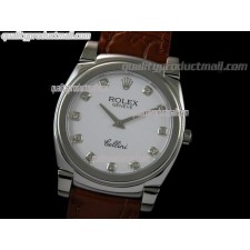 Rolex Cellini Swiss Quartz Watch-White Dial Diamond Hour Markers-Brown Leather strap 