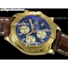 Breitling Chronomat Evolution V3 Chronograph 18K Gold-Blue Dial Gold Subdial Index Hour Markers-Brown Leather Bracelet