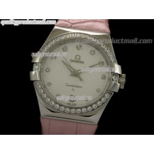 Omega Constellation Midsize Diamond Swiss Quartz-Fan Shell Design White Dial-Pink Leather Strap