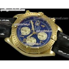 Breitling Chronomat Evolution V3 Chronograph 18K Gold-Blue Dial Gold Subdials Numeral Hour Markers-Black Leather Bracelet