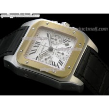 Cartier Santos 100th Anniversary Automatic Watch 18k Gold-White Dial-Black Leather Strap