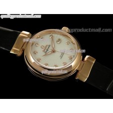 Omega Ladymatic 18k Rose Gold Swiss Automatic Watch-White Coral Design Dial-Black Leather Strap