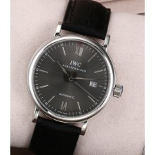 IWC Portofino Automatic Watch Swiss 2892 - Grey Dial With Stick Marker - Black Leather Strap