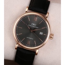 IWC Portofino Automatic Watch Swiss 2892 - 18K Gold - Black Dial With Stick Marker - Black Leather Strap