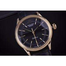 Rolex Cellini Swiss Automatic Watch Yellow Gold-Black Dial Stick Hour Markers-Black Leather Strap