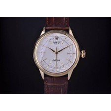 Rolex Cellini Swiss Automatic Watch Yellow Gold-White Dial Stick Hour Markers-Brown Leather Strap