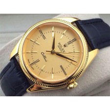 Rolex Cellini Swiss Automatic Watch Yellow Gold-Golden Dial Stick Roman Hour Markers-Black Leather Strap