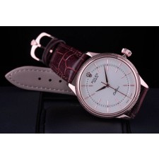 Rolex Cellini Swiss Automatic Watch Rose Gold-Ray White Dial Stick Hour Markers-Brown Leather Strap