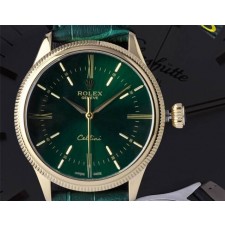 Rolex Cellini Swiss Automatic Watch Yellow Gold-Black Dial Stick Roman Hour Markers-Black Leather Strap
