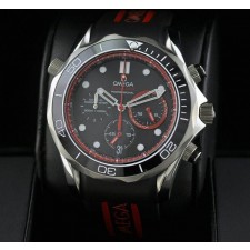 Omega Sea-Master Automatic Watch-Three Independent Subdials-Black Dial With Red Second Hand -Black Rubber Strap