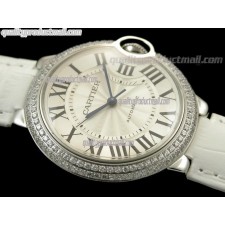 Cartier Blue Ballon Ladies Swiss Watch-White Dial Diamond Crested Bezel-White Leather Strap