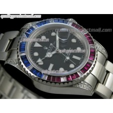 Rolex GMT II 50th Anniversary Bling Model Automatic Watch-Black Dial Ruby Red/Blue Bezel-Stainless Steel Oyster Bracelet 