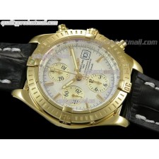 Breitling Chronomat Evolution V3 Chronograph 18K Gold-White Dial Gold Subdials Hour Index Markers-Black Leather Bracelet