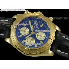 Breitling Chronomat Evolution V3 Chronograph 18K Gold-Blue Dial Gold Subdials Index Hour Markers-Black Leather Bracelet