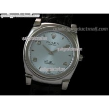 Rolex Cellini Swiss Quartz Watch-Lilac Blue Dial Droplet Hour Markers-Black Leather strap 
