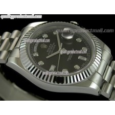 Rolex DayDate II 41mm Swiss Automatic Watch-Black Dial Diamond Hour Markers-Stainless Steel Presidential Bracelet