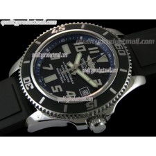 Breitling SuperOcean Abyss 42MM Automatic Watch-Black Dial Blue Inner Bezel-Pro Diver Black Rubber Strap