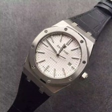 Audemars Piguet Royal Oak Automatic Watch- White Dial-Black leather Strap