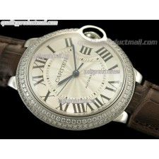 Cartier Blue Ballon Ladies Swiss Watch-White Dial Diamond Crested Bezel-Brown Leather Strap