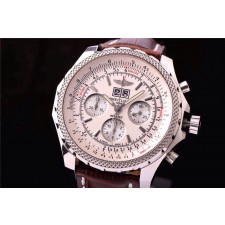 Breitling Bentley 6.75 Big Date Chronograph-White Dial White Subdials-Brown Leather Strap