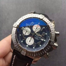 Breitling Super Avenger Swiss Automatic Chronograph-Blue Dial Numerals Markers-Black Leather Strap