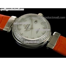 Omega Deville Ladymatic Diamond Swiss Automatic Watch-White Coral Design Dial-Orange Leather strap