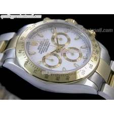 Rolex Daytona Swiss 18K Gold Bi Tone Chronograph-White Dial Gold Ring Subdials-Stainless Steel Oyster Bracelet