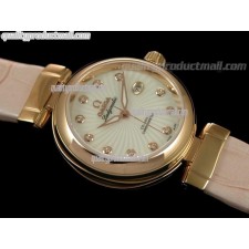 Omega Deville Ladymatic Rose Gold Swiss Automatic Watch-White Coral Design Dial-Pink Leather strap