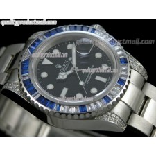 Rolex GMT II 50th Anniversary Bling Model Automatic Watch-Black Dial Blue Bezel-Stainless Steel Oyster Bracelet