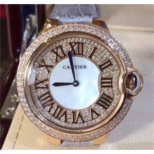 Cartier Ballon Bleu Swiss Quartz Full Diamonds Women watch-Roman Numeral Hour Markers-Leather Bracelet