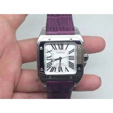 Cartier Santos 100th Anniversary Automatic Ladies Watch-White Dial-Purple Leather Strap