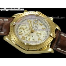 Breitling Chronomat Evolution V3 Chronograph 18K Gold-White Dial Gold Subdials Numeral Hour Markers-Brown Leather Bracelet