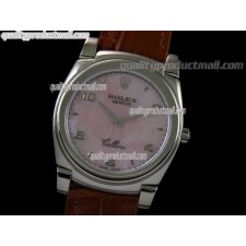 Rolex Cellini Swiss Quartz Watch-MOP Pink Dial Droplet Hour Markers-Brown Leather strap