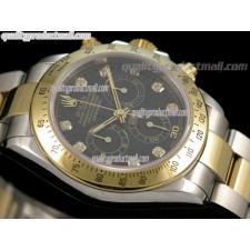 Rolex Daytona Swiss 18K Gold Bi Tone Chronograph-Black Dial Gold Ring Subdials-Diamond Hours-Stainless Steel Oyster Bracelet 