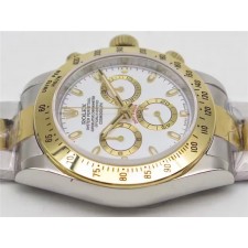 Rolex Daytona Swiss 18K Gold Bi Tone Chronograph-White Dial Gold Ring Subdials-Stainless Steel Oyster Bracelet