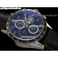 Tag Heuer Carrera Calibre 16 Day Date Automatic Chronograph-Blue Dial White Ring Subdials-Black Leather Strap