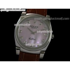 Rolex Cellini Swiss Quartz Watch-MOP Pink Dial Diamond Hour Markers-Brown Leather strap