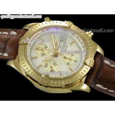 Breitling Chronomat Evolution V3 Chronograph 18K Gold-White Dial Gold Subdials Index Hour Markers-Brown Leather Bracelet